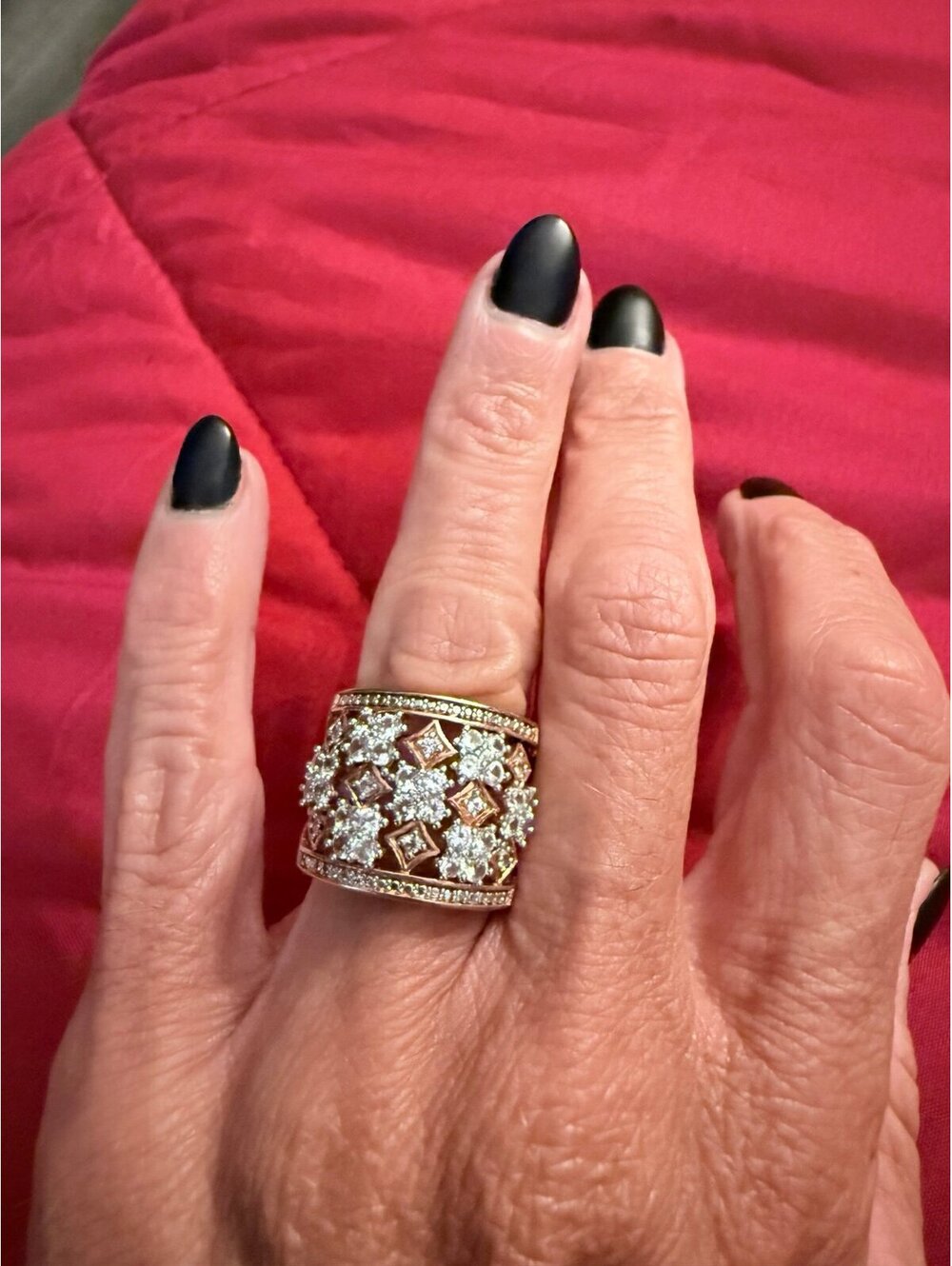 Rose Gold Tone Wide Crystal Floral Cocktail Ring Size 5.5 Statement Ring